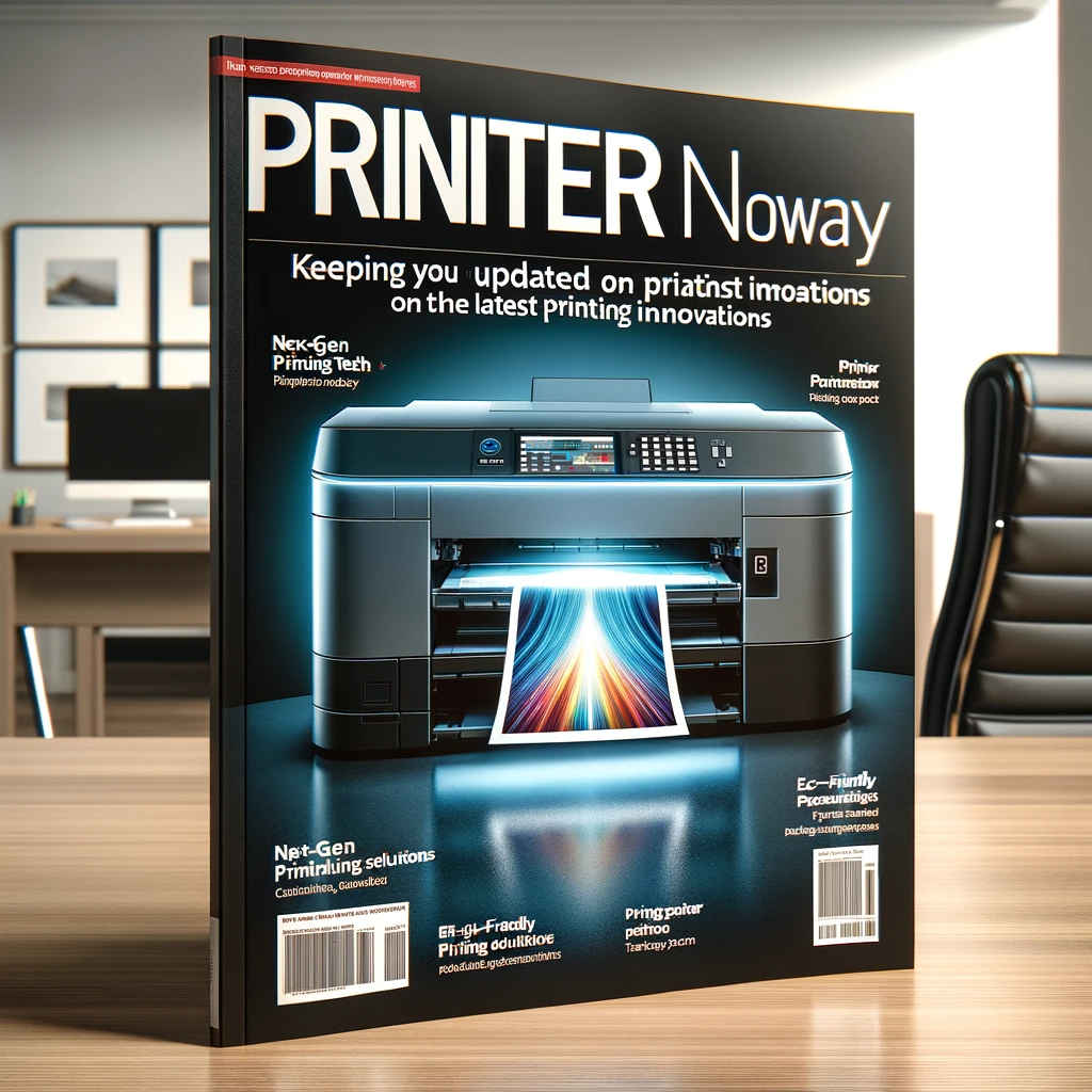 Cover of 'Printer News Today' magazine featuring a modern printer in an office setting, printing a vibrant image.