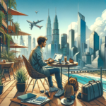 A young digital nomad working on a laptop at a rooftop café with an urban cityscape backdrop.